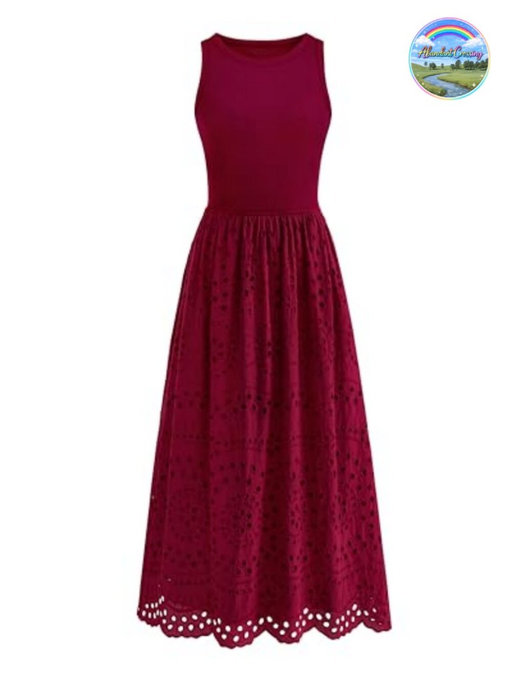 Sleeveless Lace Eyelet Cotton Knit Tank Maxi Dress A-Line Pockets